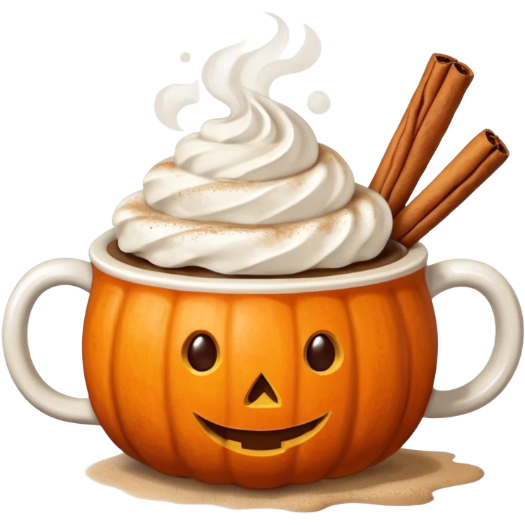Steaming coffee Mug with whipped Cream and cinnamon Dust on Cream.  Small Punkin and 3 sticks of cinnamon next to mug emoji