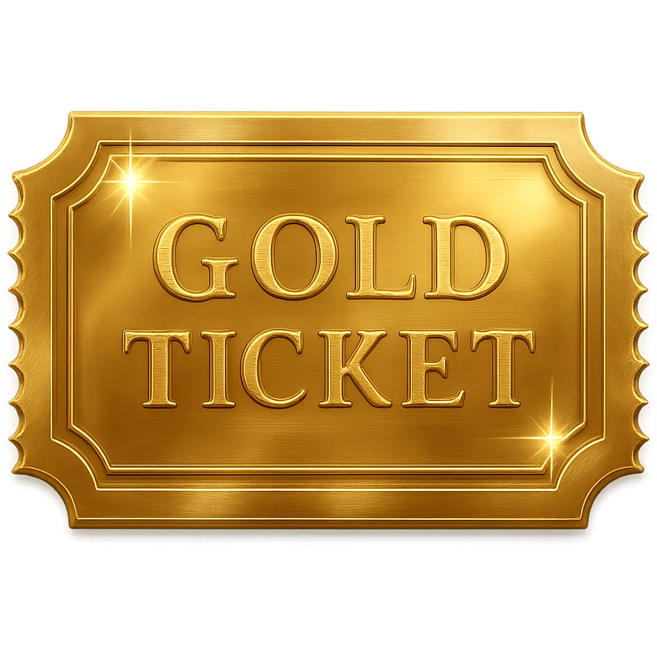 a shiny gold ticket with embossed details, reflective, luxurious, sparkles and shine, glossy finish emoji
