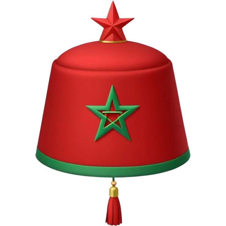 Red Moroccan fez hat with a flat top, straight sides, a green five-pointed star on the front, and a thin black tassel hanging from the right side. emoji