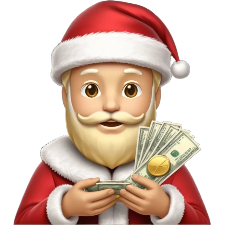 A confident rich emoji face wearing a Santa hat, money stacks, casino vibe, New Year theme, premium 3D emoji style, sharp details, no text, isolated on transparent background emoji