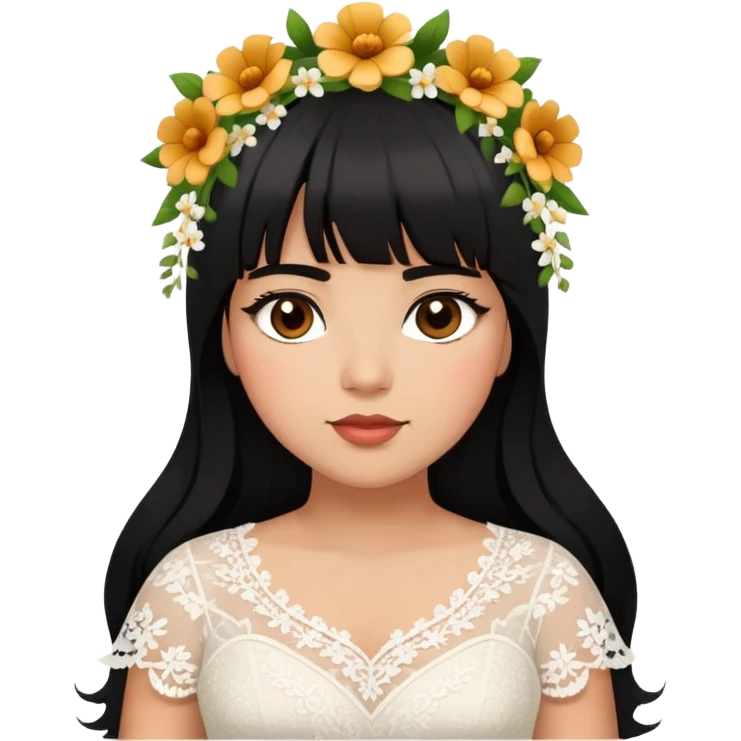 Latina girl with bangs black long hair plus size white lace dress with flowers emoji