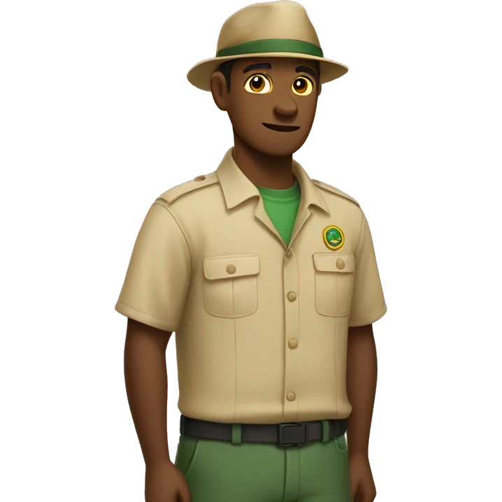 zookeeper, wearing a plain beige shirt and a plain dark cap. on the beige shirt, there is a small logo, that looks like a yellow square with a dark green border emoji
