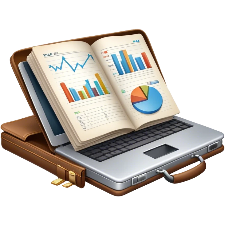 Icon for Business Reading: an open book with a graph and financial charts, a briefcase, a calculator, and a laptop nearby. The icon should represent the world of business, finance, and professional growth. Transparent background. emoji