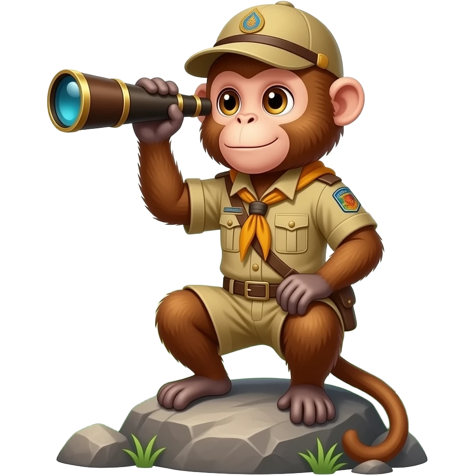 A Thai monkey scout (Basic), holding a traditional telescope, perched on a rock, brown fur, watchful eyes, jungle background, card game style. emoji