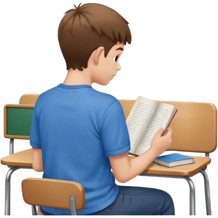 Boy sitting at school reading with his back to the camera
 emoji