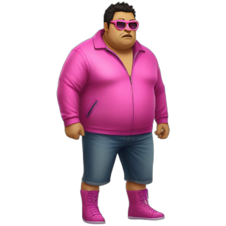 fat man with dark hair,a vibrant long yellow jacket, pink glasses, short jeans shorts. Show full lenght peson, person fighting a monster as superhero emoji