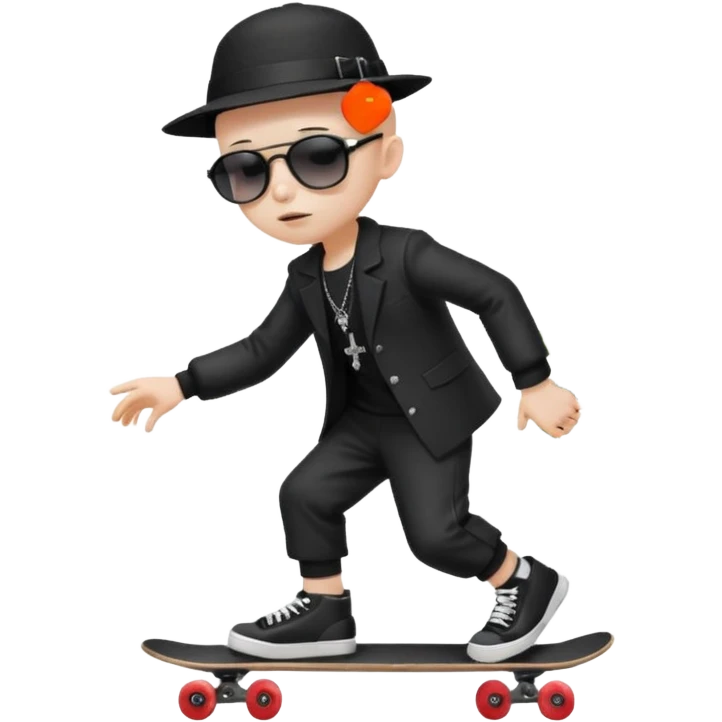 ["Ai sad boy wnith pale sgkin, bald , wearing aa sunhat a nd sunglascses, dresased in gomh fashien, is skrateboardiang while h.olding a f"lower bou]quet."] emoji