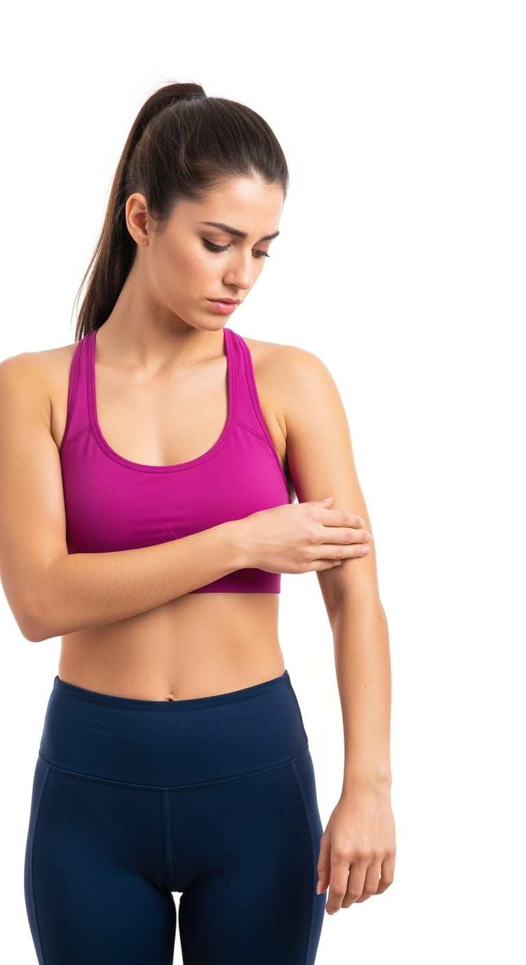 DONNA FITNESS CHE SI TOCCA IL MUSCOLO DEL BRACCIO CON ESPRESSIONE TRISTE IN VOLTO, POCO MUSCOLO, ISOLATA SU SFONDO BIANCO emoji