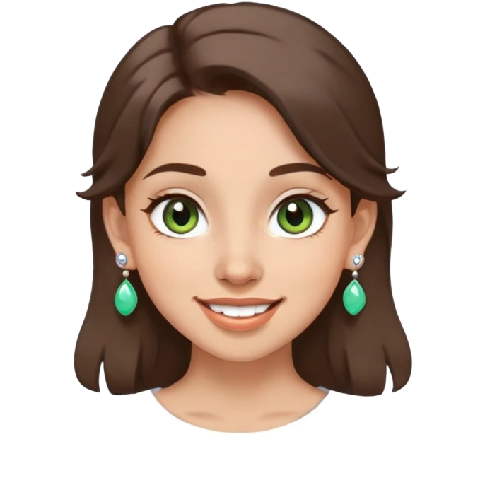 girl with gray-green eyes, brown hair, multiple earrings, mole on cheek, joyful expression emoji