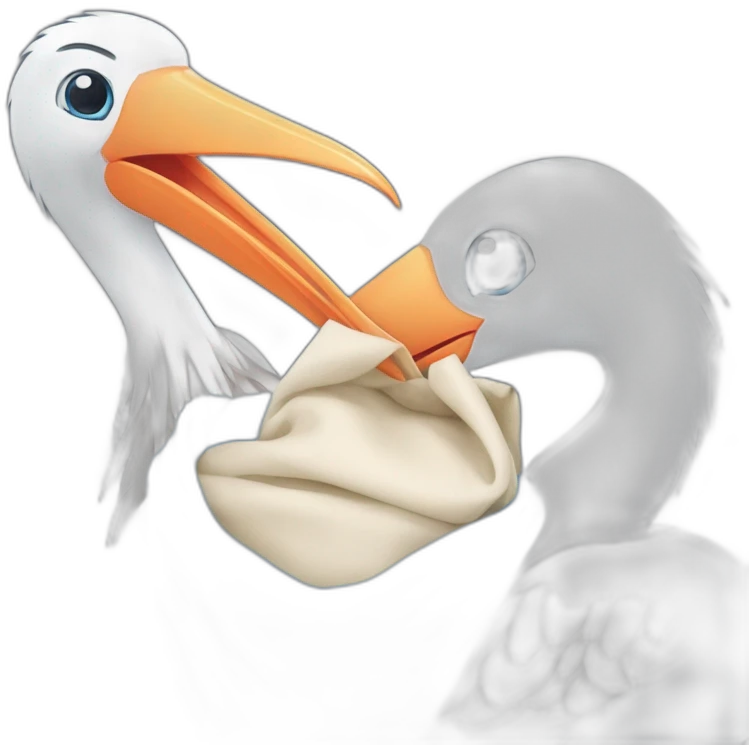 White stork carrying a blue bundle of cloth in its beak that has a human person cute baby human and the human baby head is peeking from the fabric bundle the strok is carrying in its beak emoji