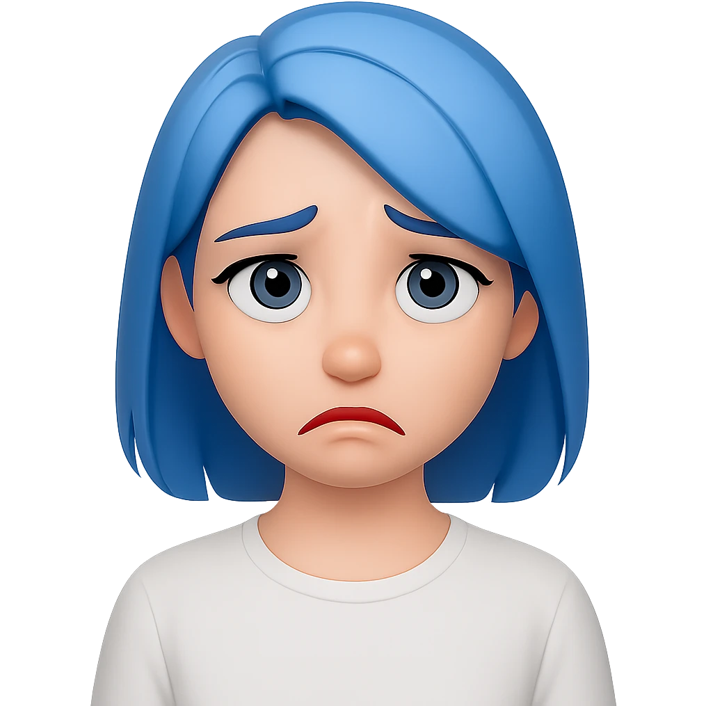 emoji of a girl with blue hair to shoulders, blue eyes, pink lips, wearing a white shirt, sad expression emoji