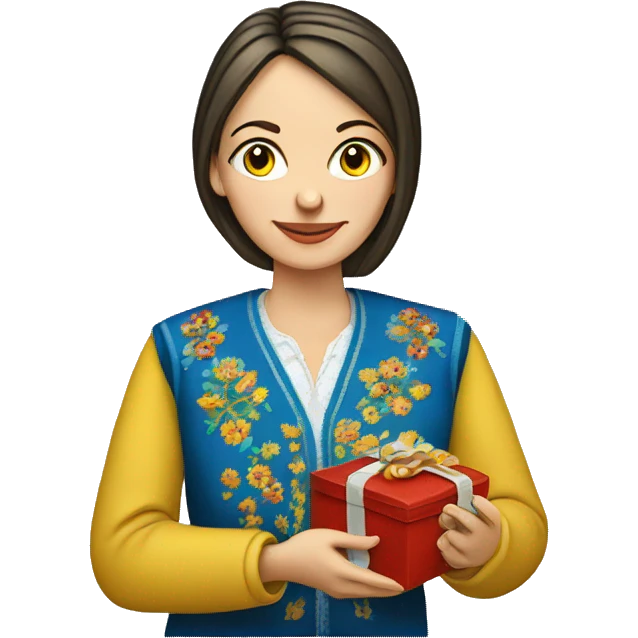 A female teacher in Ukrainian embroidery holds a gift in her hand emoji