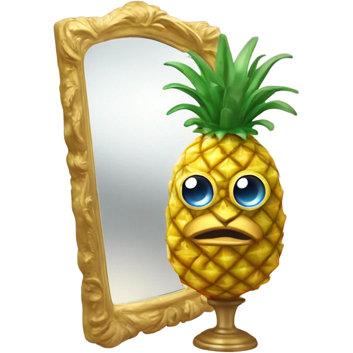 3D elegant pineapple🍍  with big shiny eyes 👀 pineapple holds mirror with its reflection 🪞🍍 emoji