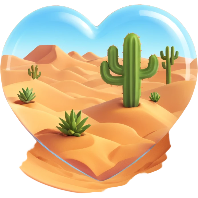 transparent heart-shaped emoji with a miniature desert scene inside, including sand dunes and a small cactus, clear glass effect emoji