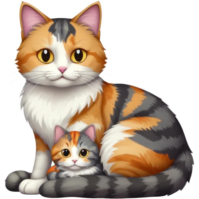 full body colourful light patched calico + white tabby cat cuddling a big dark grey and white tabby cat  emoji