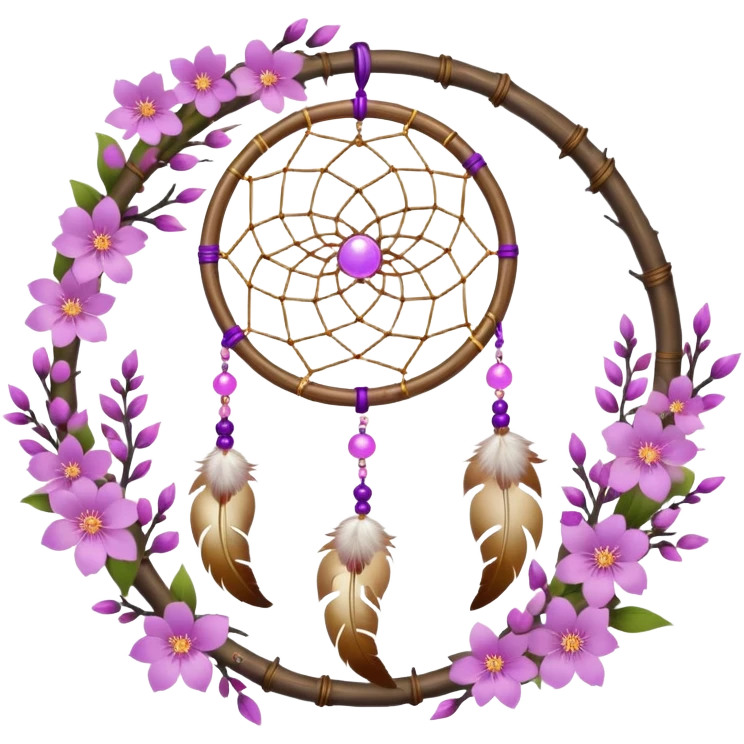 A white-birch-circle-framed Dreamcatcher. with purple-round-orbs, gold-rings hanging down. purple flowers, pink sakura flowers, emoji