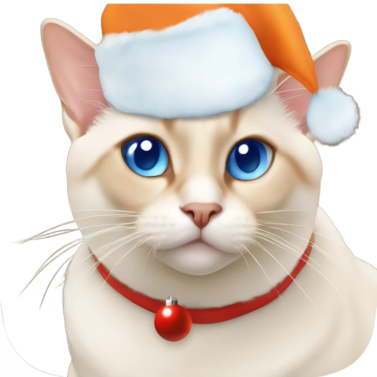 chubby flame point Siamese, white fur with orange accents and blue eyes wearing a red christmas hat  emoji