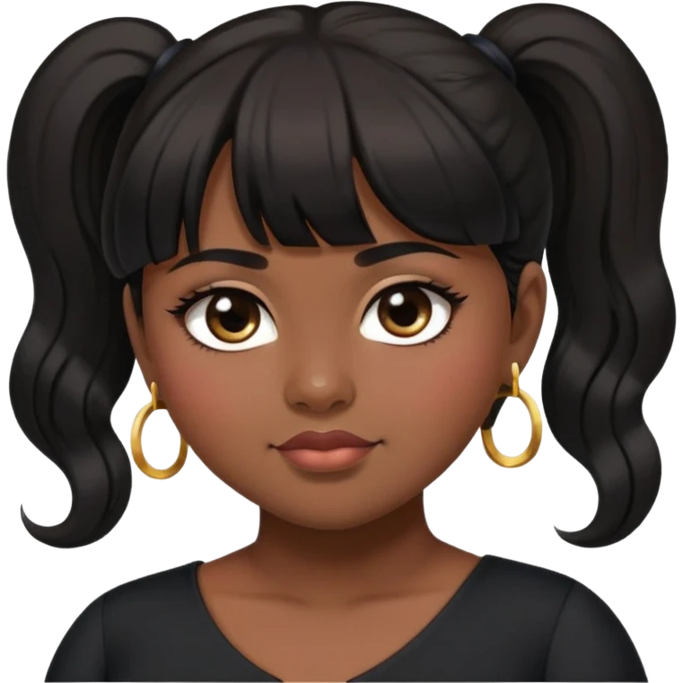 Latina girl with bangs black long hair in pony tail plus size black dress rolling eyes emoji