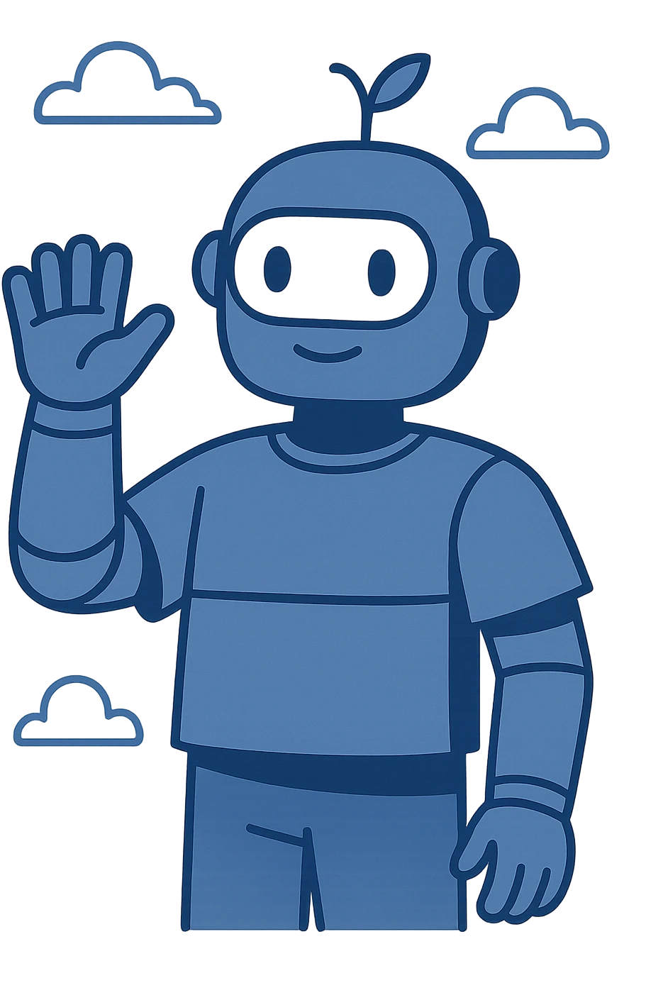 blue robot waving, simple geometric shapes, soft shading, modern illustration style emoji