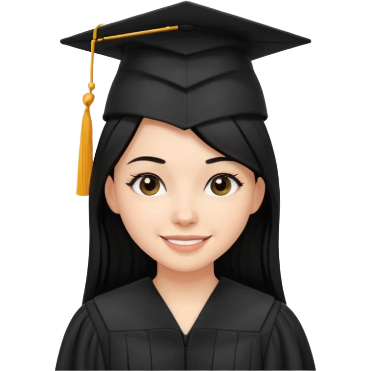 white girl with straight black hair, wearing a black graduation cap and gown, smiling emoji
