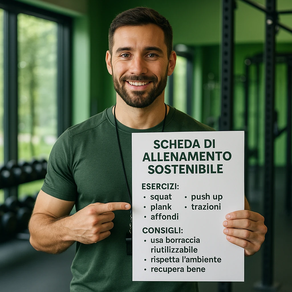 Add Italian text on the sheet that the coach is showing with the following content: 'Scheda di allenamento sostenibile', 'Esercizi: squat, push up, plank, trazioni, affondi', 'Consigli: usa borraccia riutilizzabile, rispetta l’ambiente, recupera bene'. Style should be hyperrealistic, 4K, modern and green gym. emoji