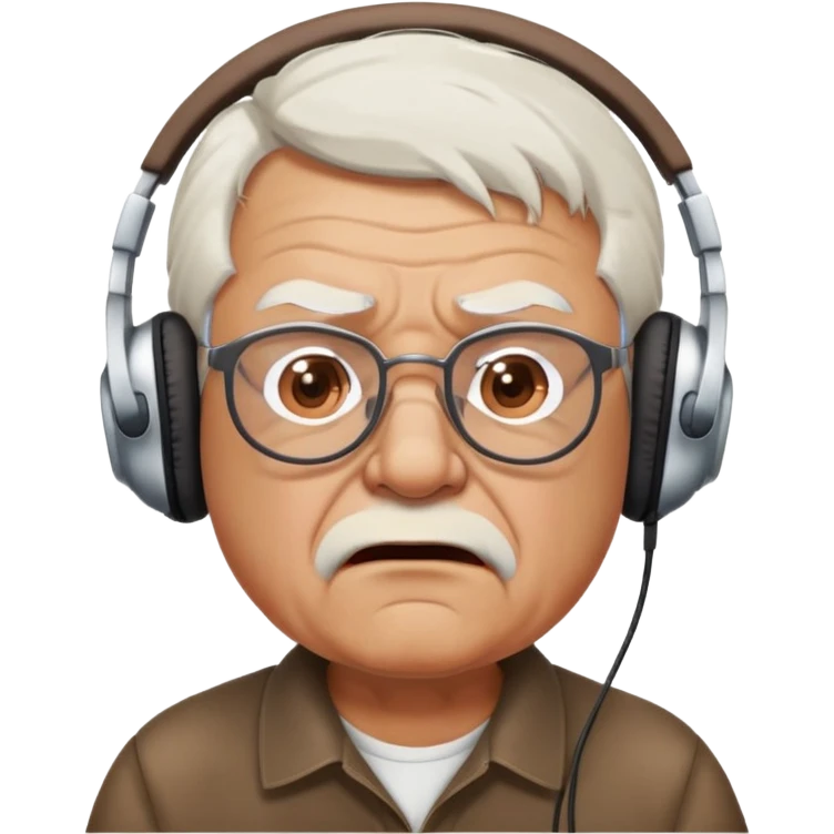 Brown old man with medium white hair, wearing glasses and headphones, looking surprised and angry, no facial hair, chubby, looking to the upper left corner emoji