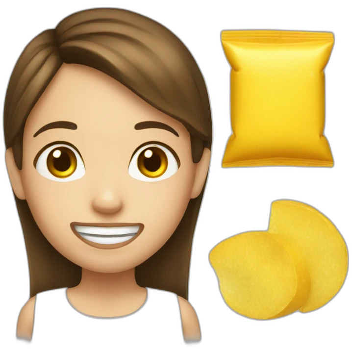 a girl with brown hair with two yellow crisps in place of her 2 front tooth emoji