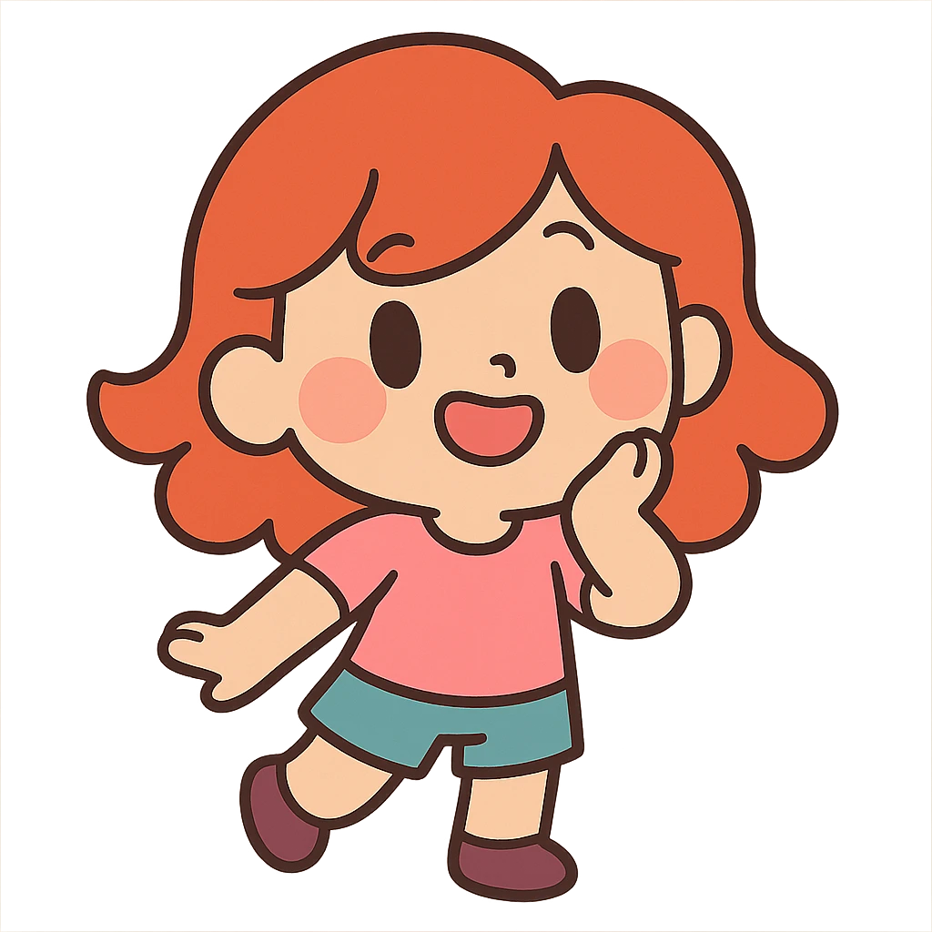 pastel toon style chibi character with red hair, cute expression emoji