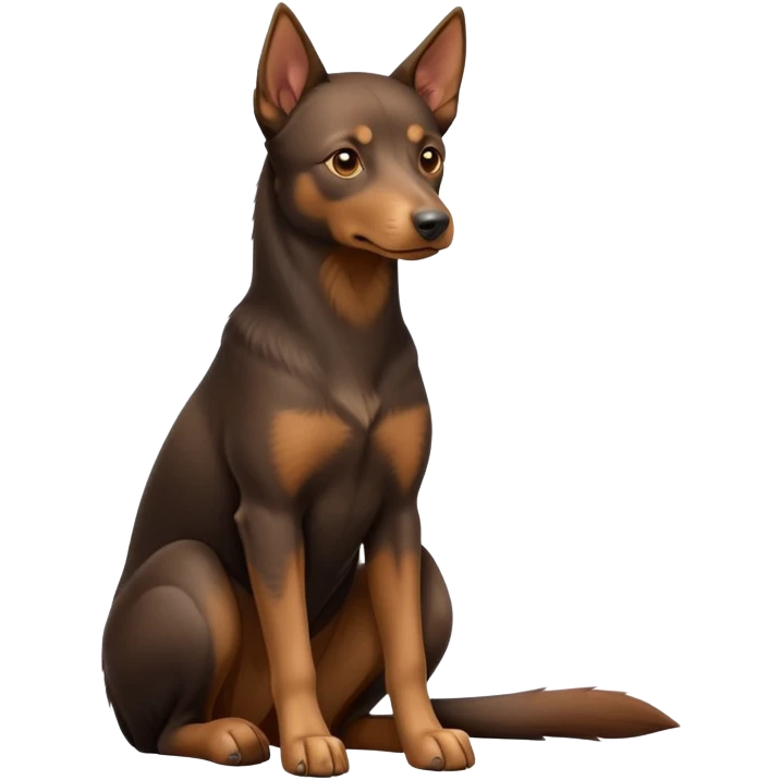 cinematic-[australian kelpie]-realistic-full-body-sitting-emoji,-tail-resting-loosely-beside-its-paws,-head-tilted-dramatically, -sleek-[Brown and tan]-fur,-simplified-yet-realistic-focused-features,-highly-detailed,-glowing-with-an-almost-sarcastic-glow emoji