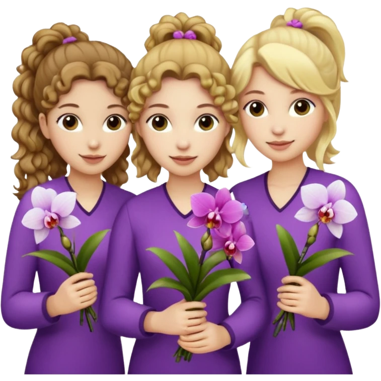 3 female musketeers, one with brown curly hair, one with straight blond hair, one with blond hair in a pony tail, all holding orchids emoji