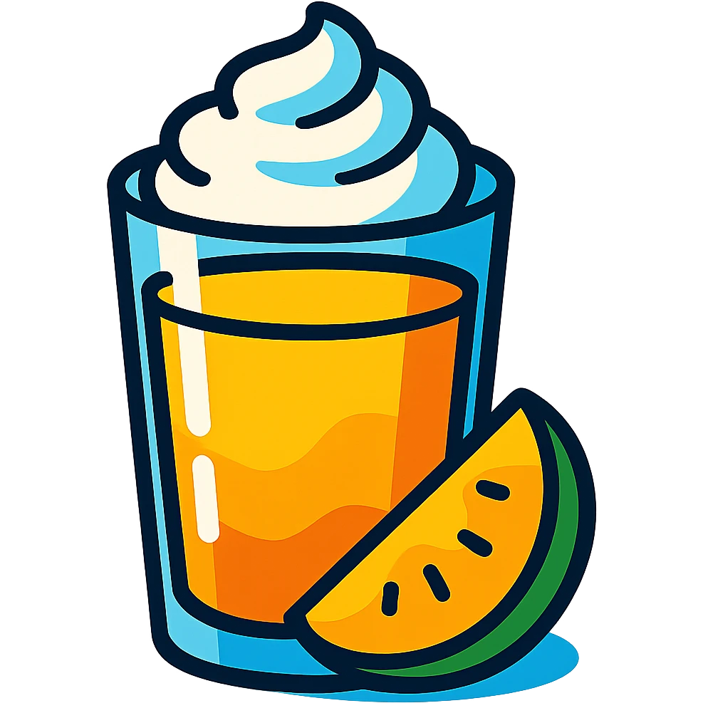 a transparent glass with mango juice gradient from dark to light and whipped cream, vibrant cartoon style emoji