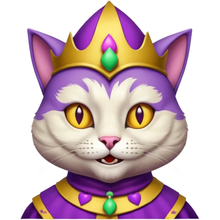 crazy colorful cute little cat jolly joker from poker, medieval, vintage, court jester, mac os icon, purple and yellow color, half body emoji