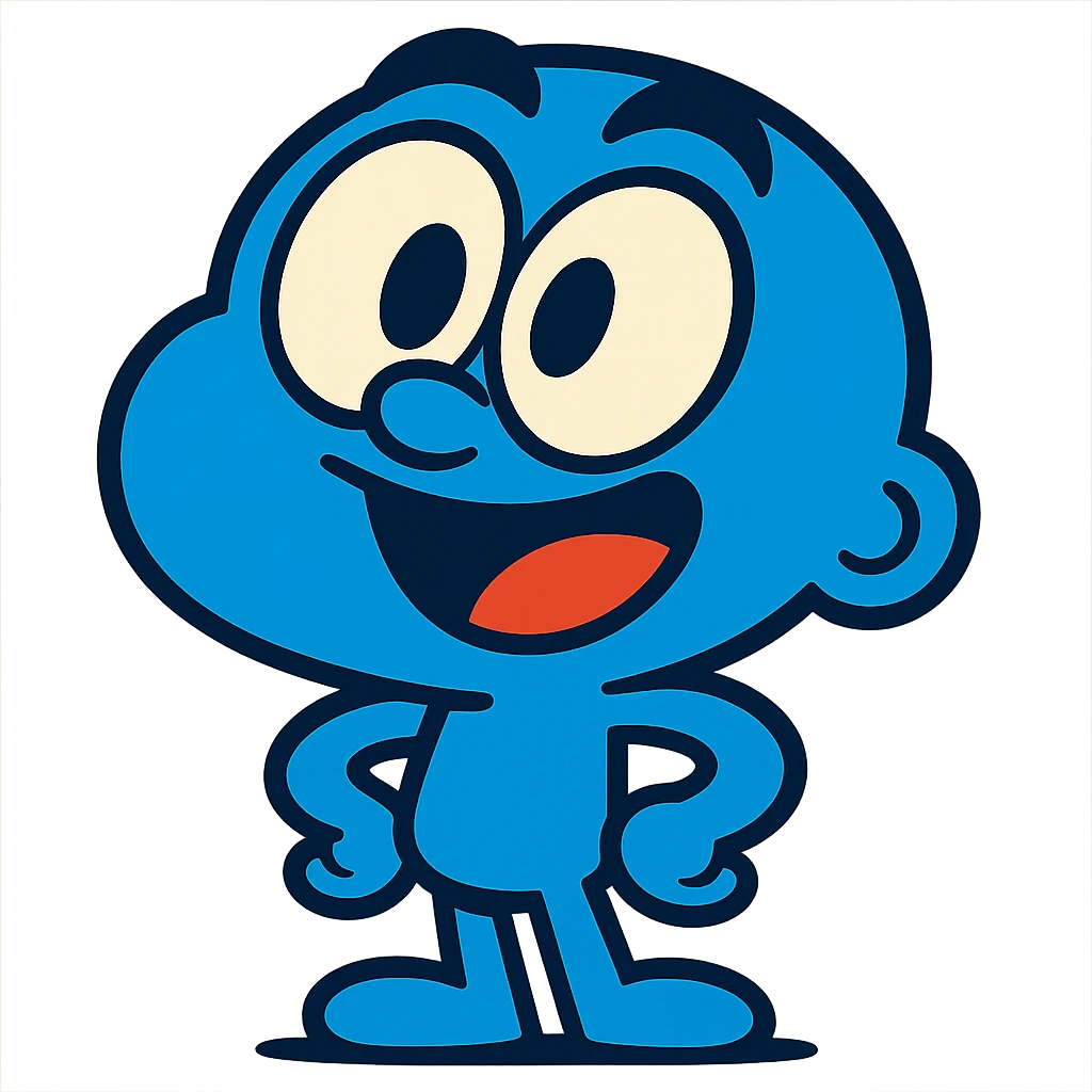 animated blue character with exaggerated head and expressive eyes, cartoon style emoji