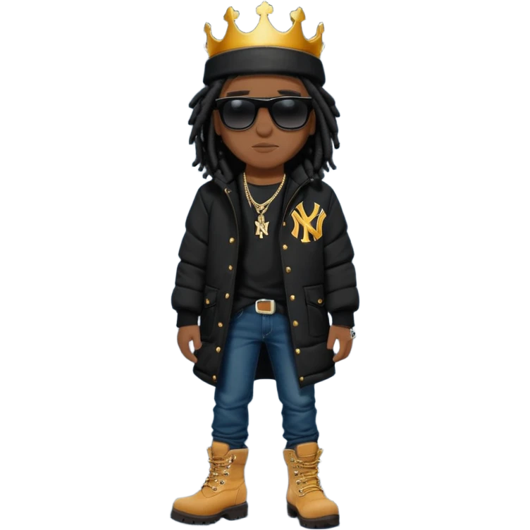African American man with shoulder length black dreadlocks and black sunglasses wearing a black New York Yankees baseball hat wearing a black bubble winter coat with denim skinny jeans and timberland boots wearing a crown emoji