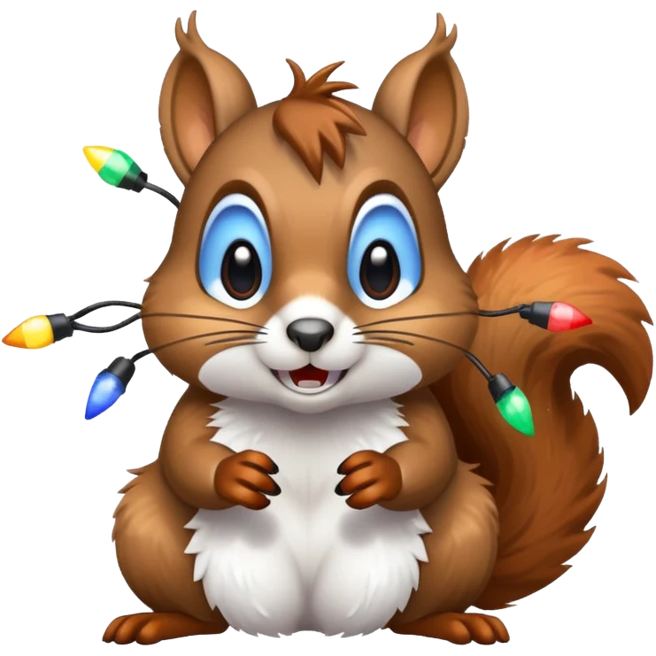 deranged squirrel covered in Christmas lights with snow on his face emoji