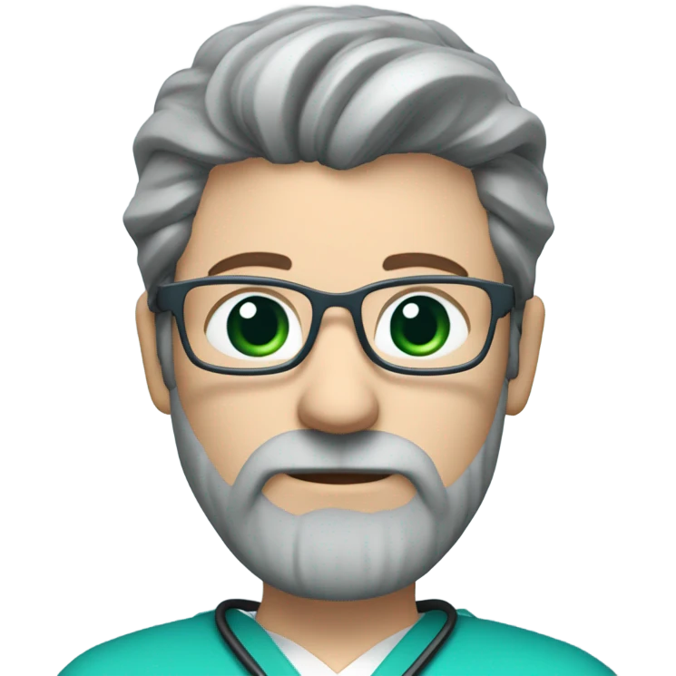 male dark blond with grey beard doctor with blue-green eyes and wire glasses in teal scrubs holding a paintbrush emoji