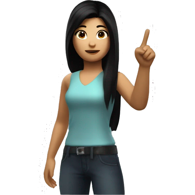 A dark-haired Roblox girl pointing to her right. Her face showing approval emoji