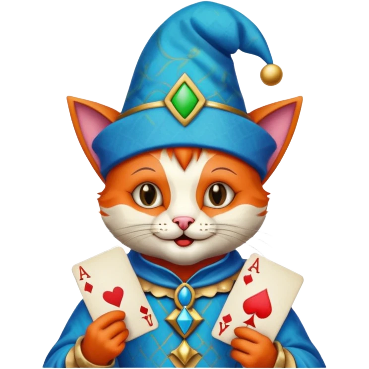 crazy colorful cute little cat jolly joker from poker, medieval, vintage, court jester, mac os icon, blue color, holds an ace poker card (clearly detailed and precise) emoji