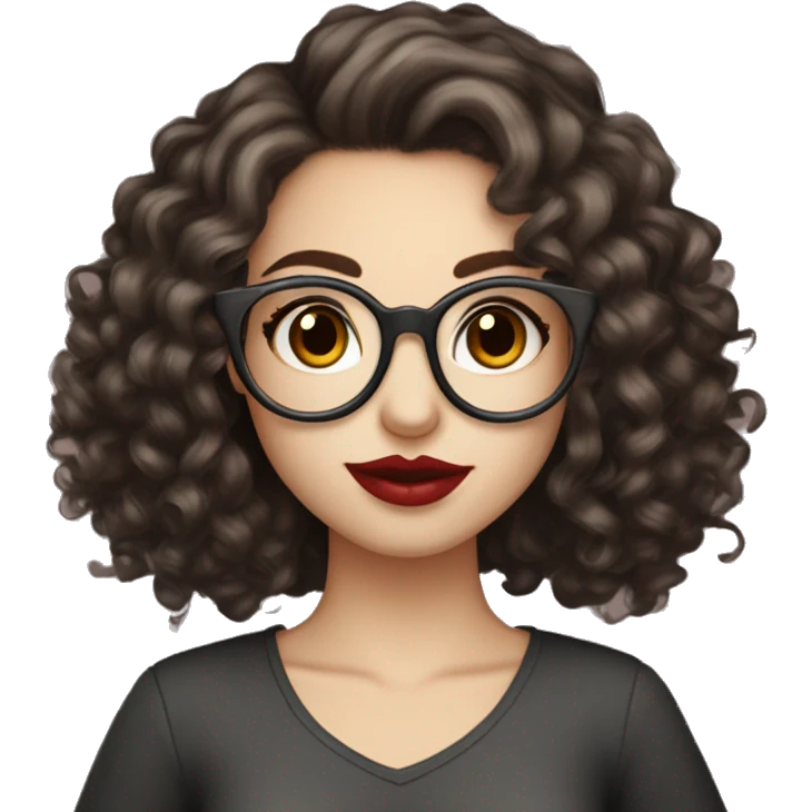 girl, dark brown hair, big lashes, big lips, curly hair, glasses, dark brown eyes, pale skin, red lips, long hair, holding starbusk emoji