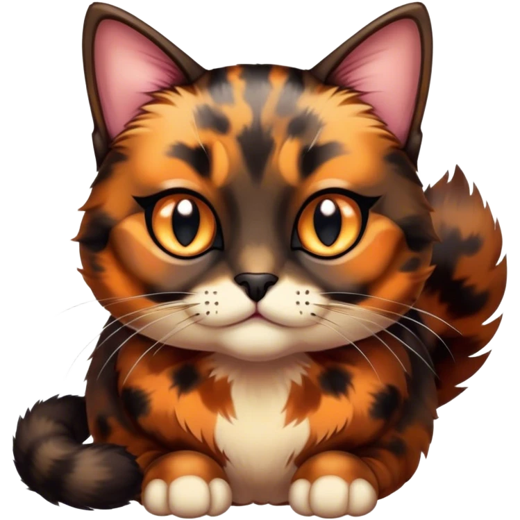 Cinematic Cute Tortoiseshell Cat Portrait Emoji, Head cocked sweetly with bright, curious eyes and a cuddly, mottled fur of rich browns and blacks, simplified yet charmingly adorable, highly detailed, glowing with a warm, gentle radiance, high shine, playful and endearing, styled with a dash of whimsical feline magic, soft glowing outline, capturing the essence of a cute tortoiseshell cat that seems ready to pounce with affectionate mischief! emoji