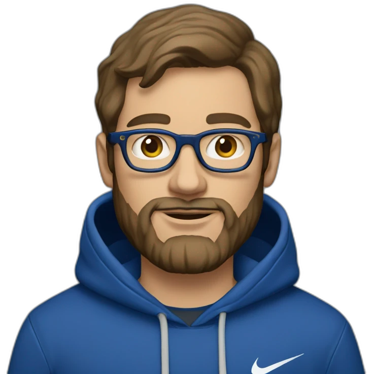 Brown hair white man with a beard and round glasses typing on apple computer wearing a dark blue nike hoodie emoji