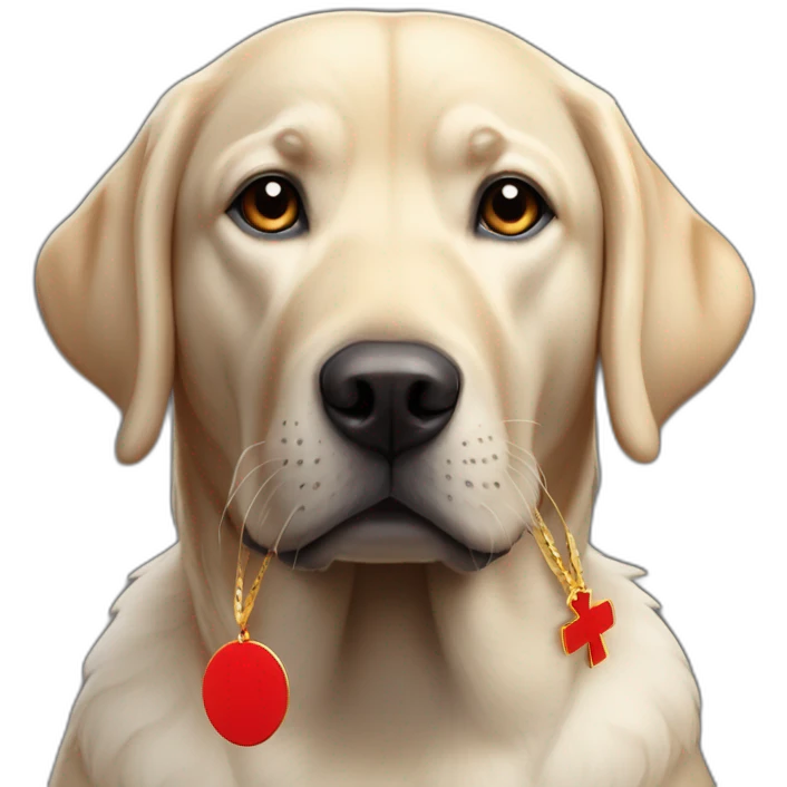 Labrador de couleur noir avec un bandeau rouge et une médaille emoji