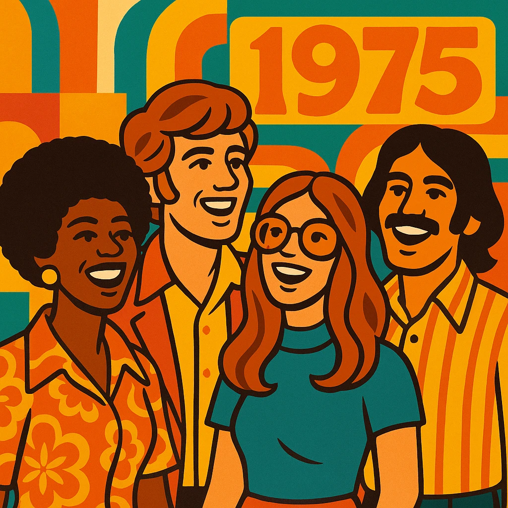four people looking happy, inspired by the year 1975, retro fashion and hairstyles, vibrant and joyful atmosphere emoji