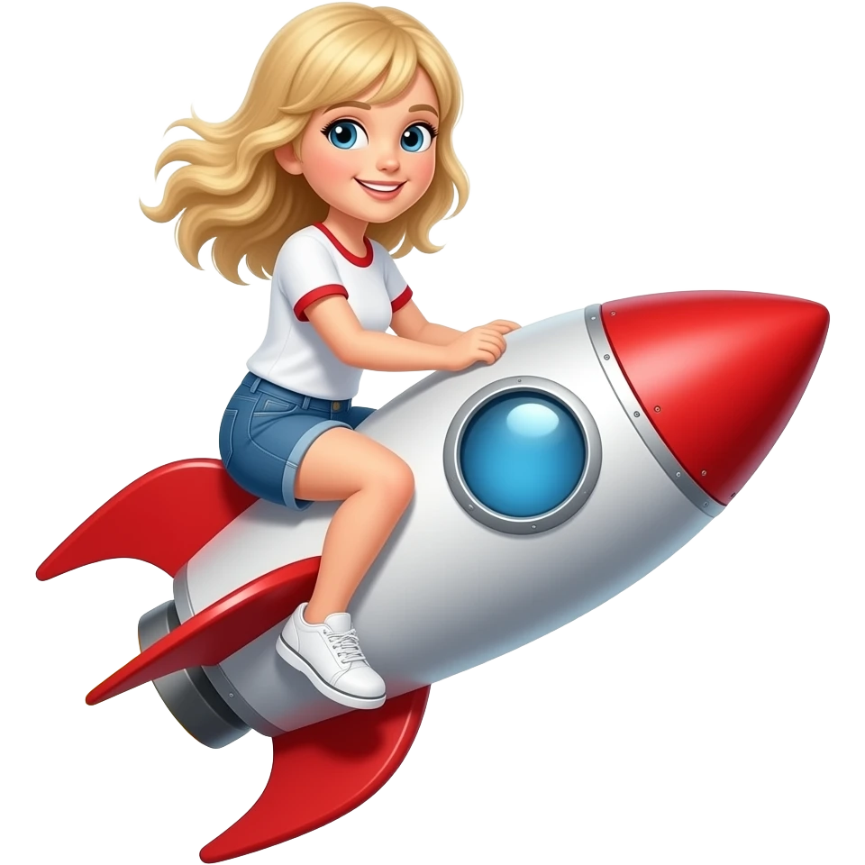 blonde girl riding a red rocket emoji