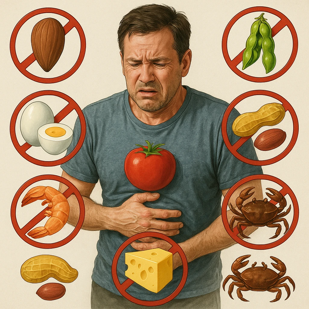 A 40-year-old man suffering from food intolerances, inspired by the reference image, showing symptoms of illness after eating, surrounded by symbols of forbidden foods. Realistic or illustrative style with a neutral background. emoji