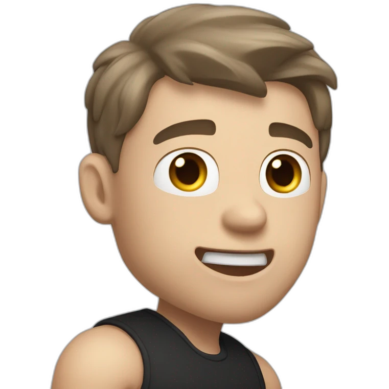 amazed Open with surprise mouth Pale skinned Fit Man With the biceps and dark brown hair in black shirt, gray sports shorts and white Sneakers emoji