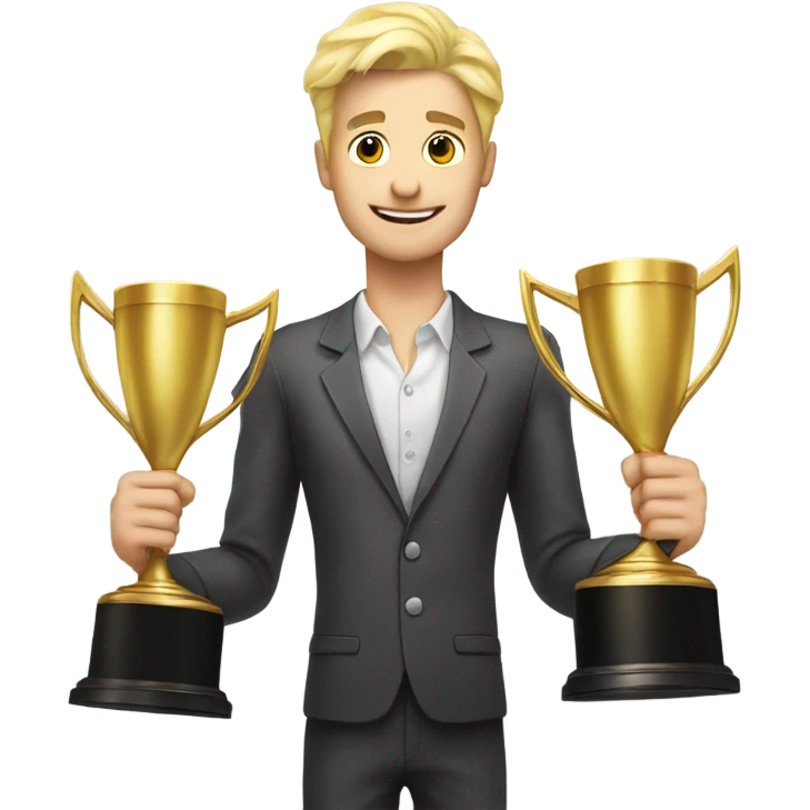 Blonde man holding a baby, standing next to 2 trophies emoji