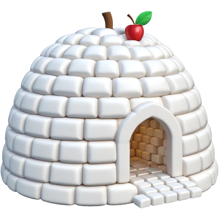 3D render of Marshmallow Igloo, made entirely of dessert materials, glistening sugar crystal texture, soft powdery white marshmallow bricks, delicious confectionery aesthetic, Apple emoji style, isolated on white background --v 6.0. emoji