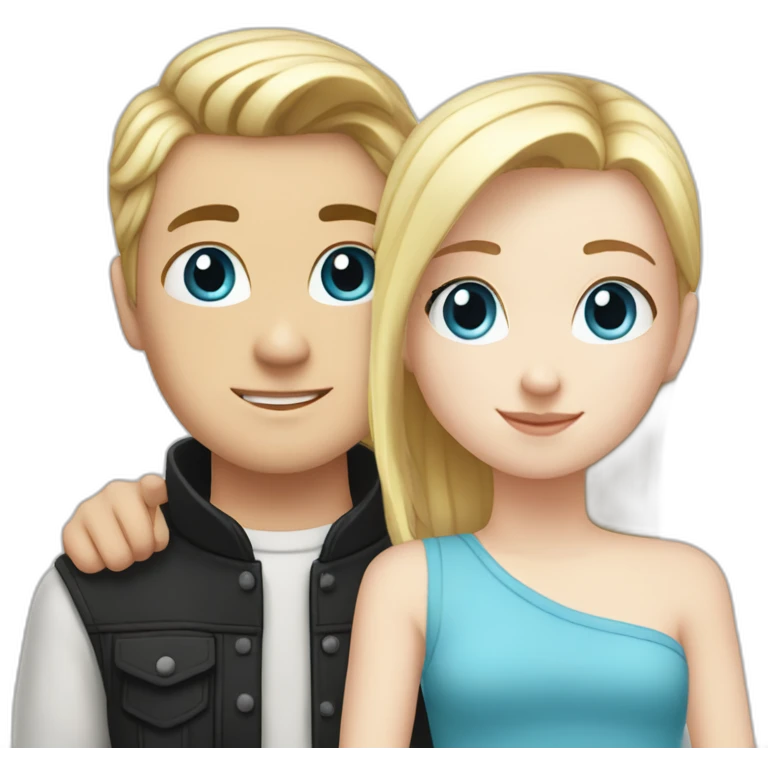 blond white girl with blue eyes hug white boy with black hair with pony-tail emoji