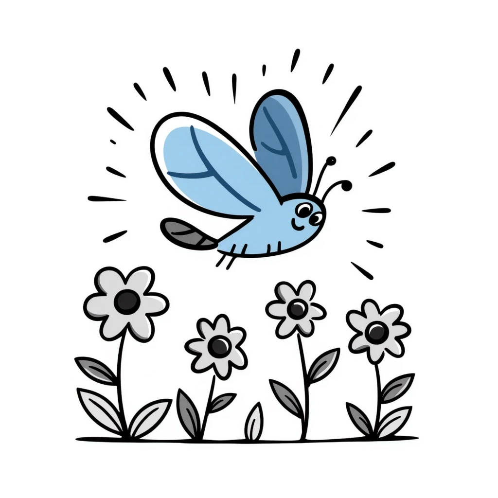 Blue butterfly with a cheerful smile flying around spring flowers and sunshine emoji